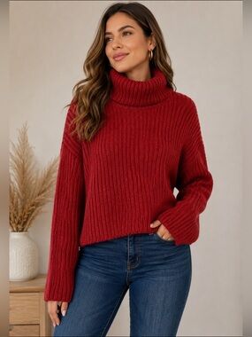 Takeout Red Ribbed Turtleneck Sweater L